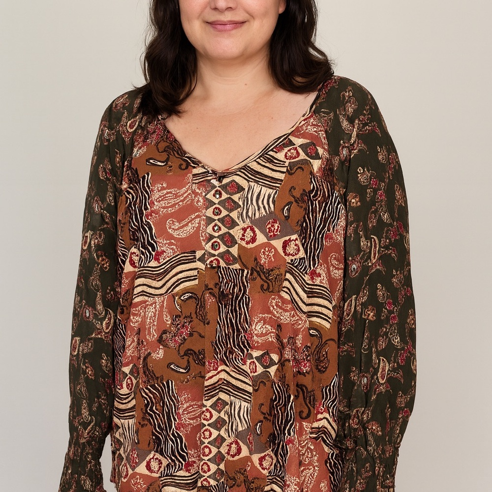 New Cato Multicolor Patchwork Blouse - Brown and Green NWT